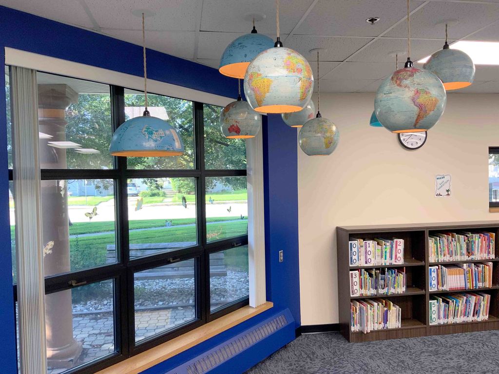 Recycled globe lights at O.M. Tiffany Elementary Library