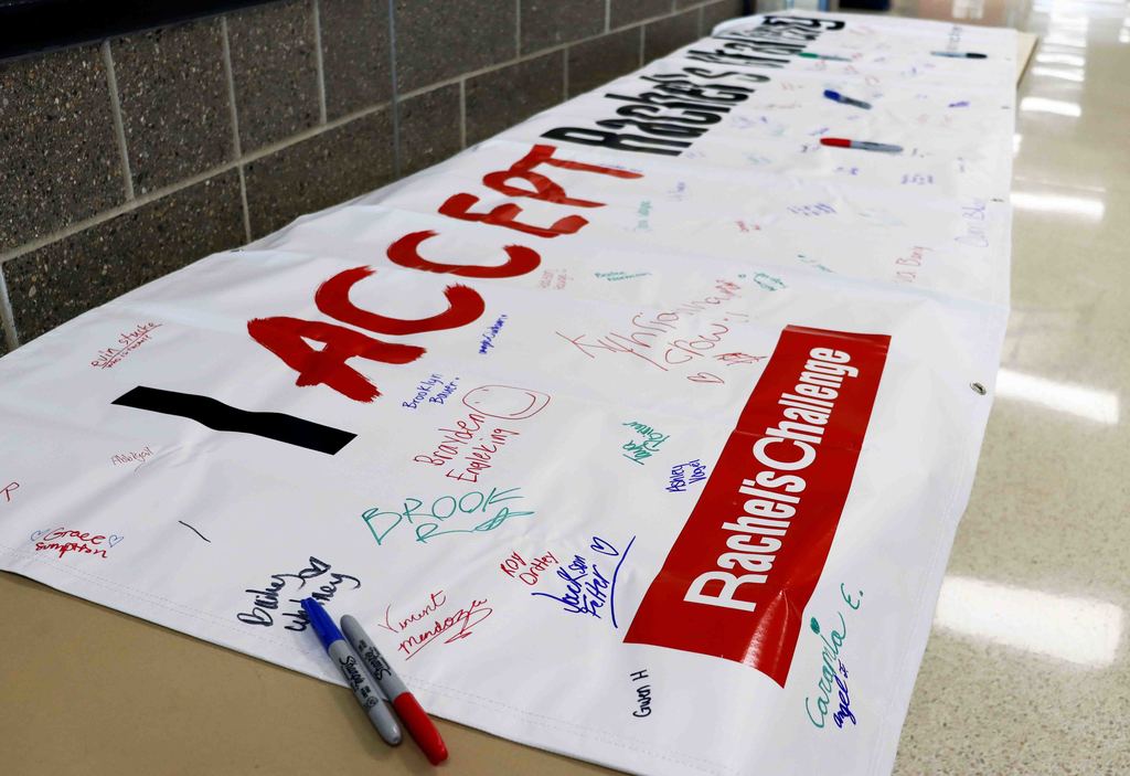 A banner with the words, I accept Rachel's challenge, with student signatures