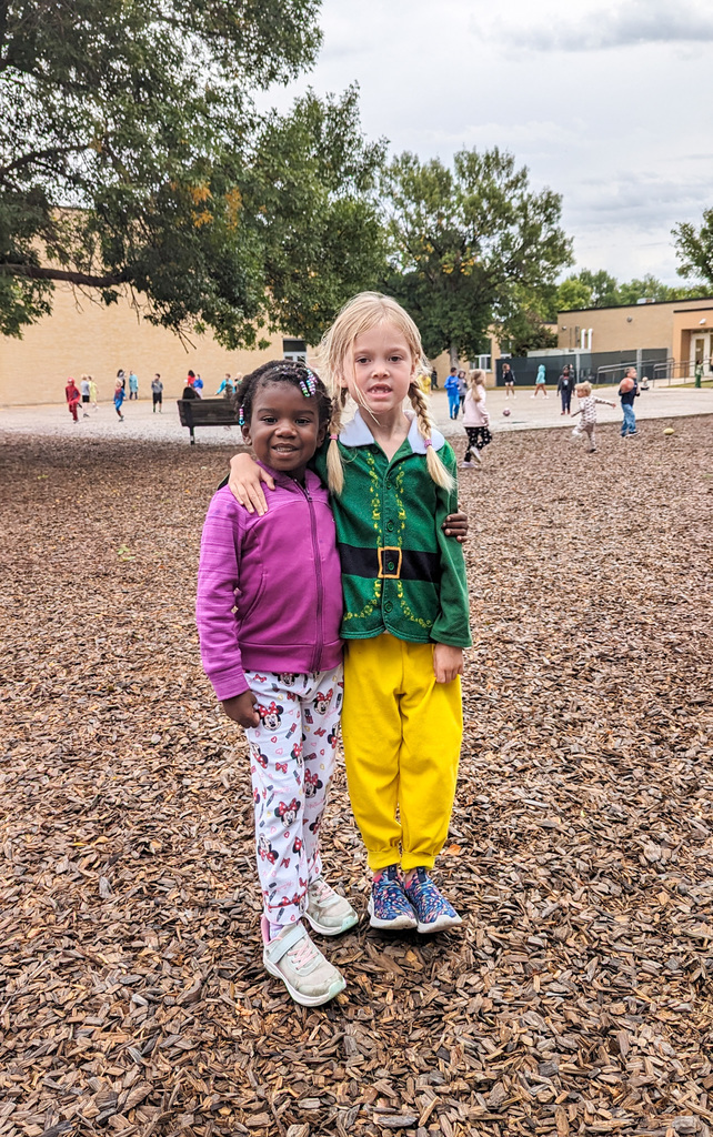 Simmons Elementary students on the playground wearing pajamas for Pajama Day